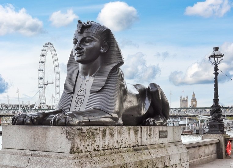 London, UK - April 2018: Statue of Sphinx on Victoria embankment in London